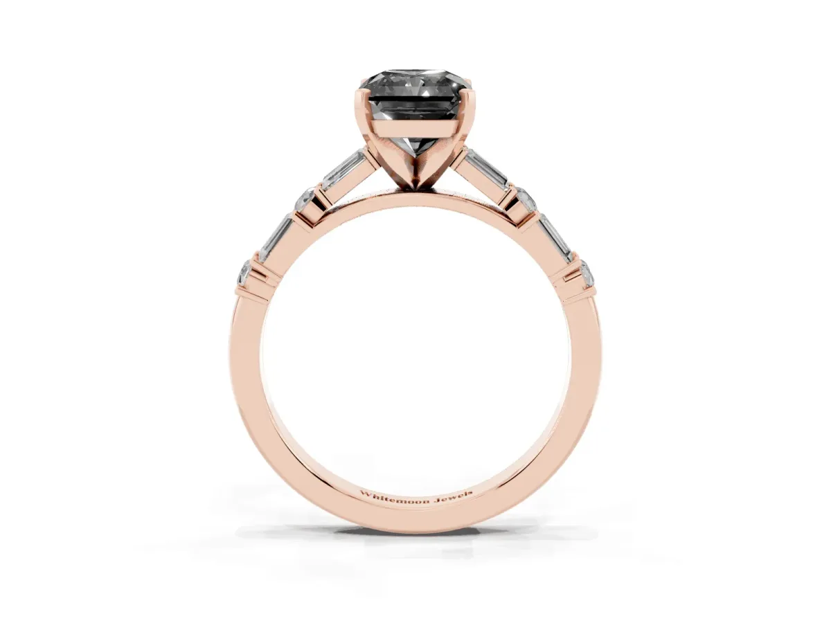 Fancy Black Radiant Cut Diamond Solitaire with Side Baguettes and Channel Set Band Rose gold