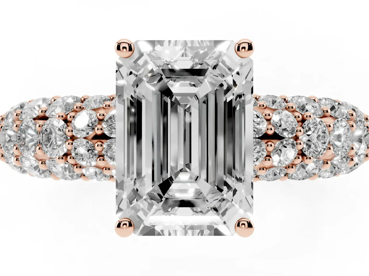 Emerald Cut Diamond Pavé Band Solitaire Ring with Four-Prong Setting Rose gold