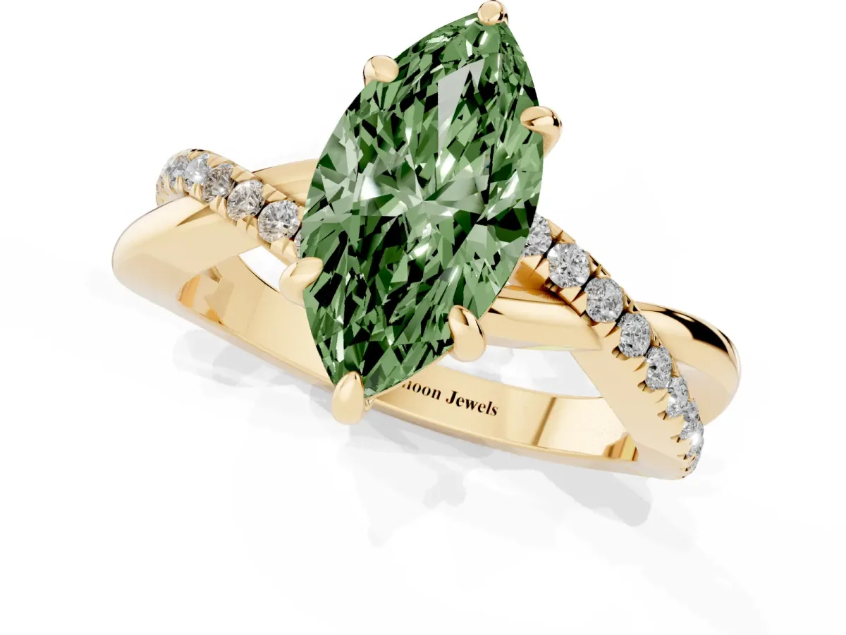 Fancy Green Marquise Cut Cut Diamond Twist Band Solitaire with Prong Setting Yellow gold