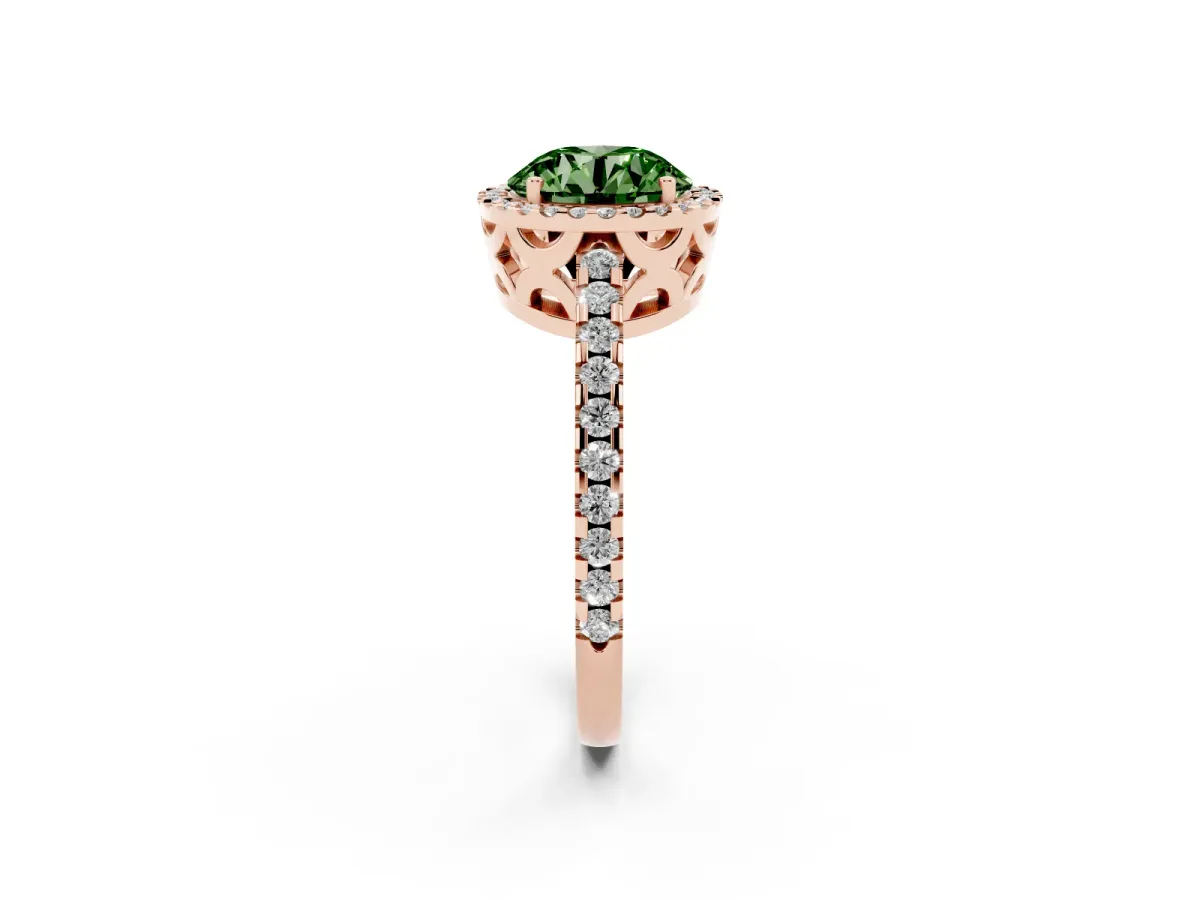 Fancy Green Round Cut Diamond Halo Engagement Ring with Pavé Band and Prong Setting Rose gold
