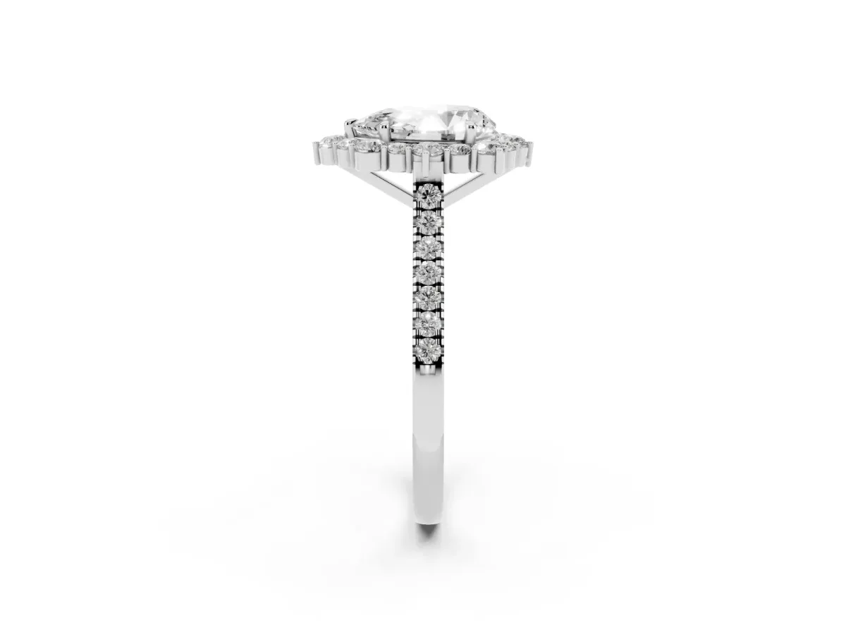 Pear Cut Halo Diamond Ring with Pavé Band and Prong Setting Silver