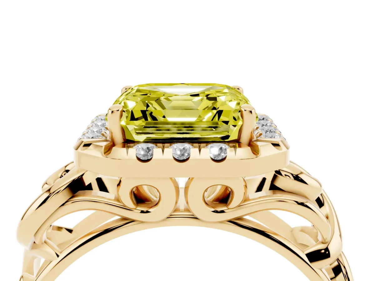 Fancy Yellow Asscher Cut Cut Halo Diamond Ring with Scrollwork Band and Four-Prong Setting Yellow gold