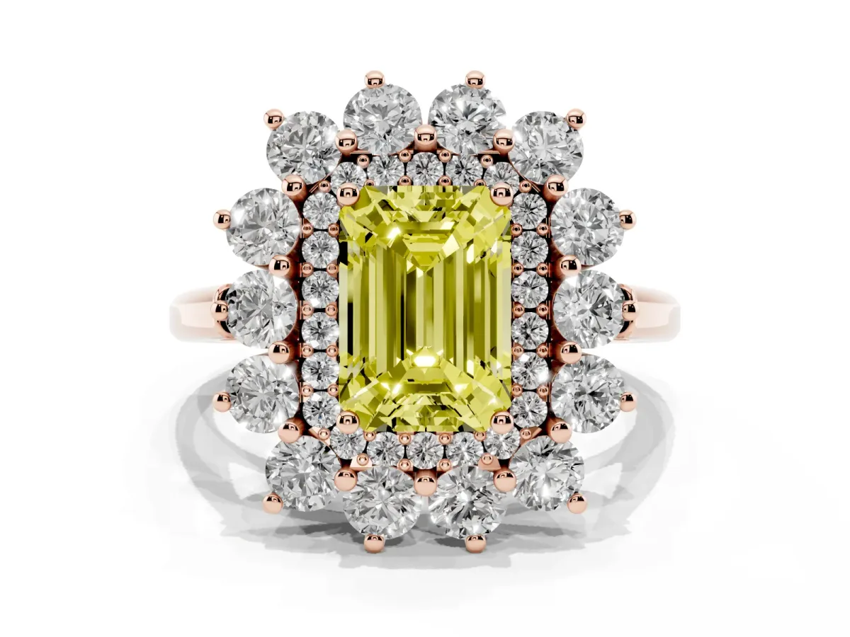 Fancy Yellow Emerald Cut Diamond Floral Double Halo Engagement Ring with Prong Setting Rose gold