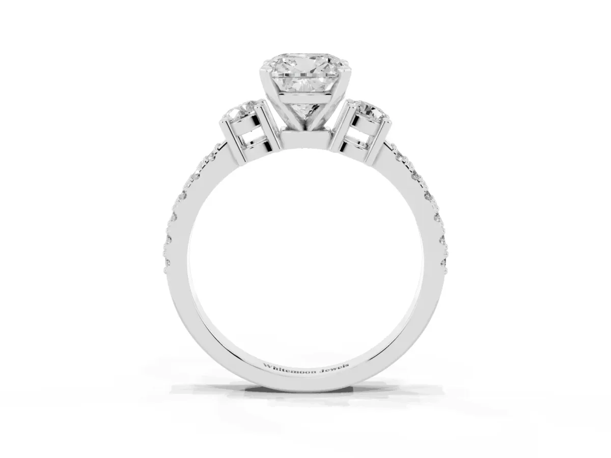 Cushion Cut Three-Stone Diamond Pavé Band with Prong Setting White gold