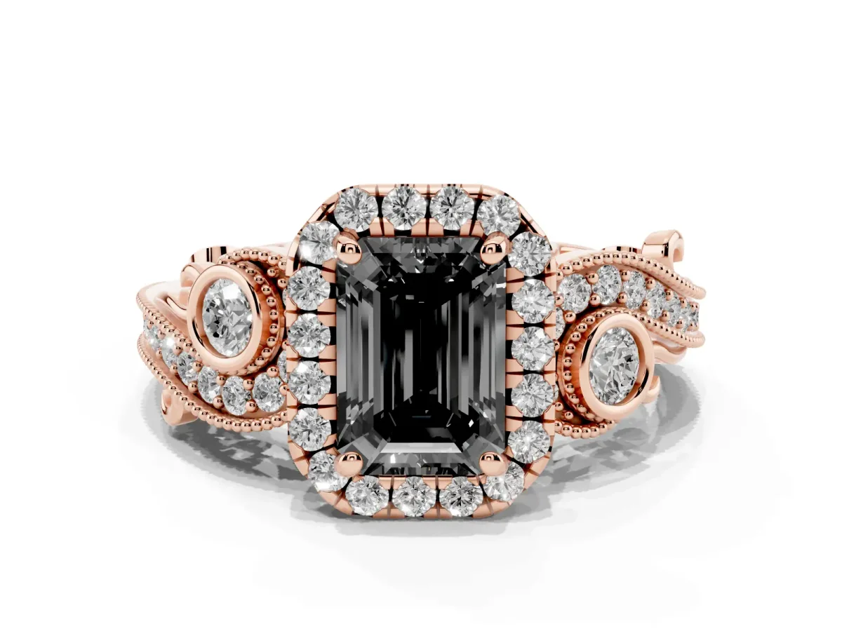 Fancy Black Emerald Cut Halo Diamond Ring with Milgrain and Bezel Accents on a Split Shank Band Rose gold