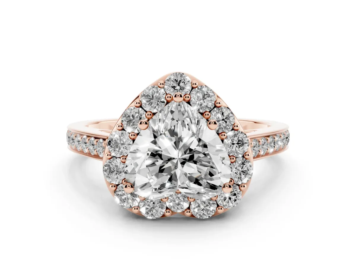 Heart Cut Diamond Floral Halo Ring with Pavé Band and Prong Setting Rose gold