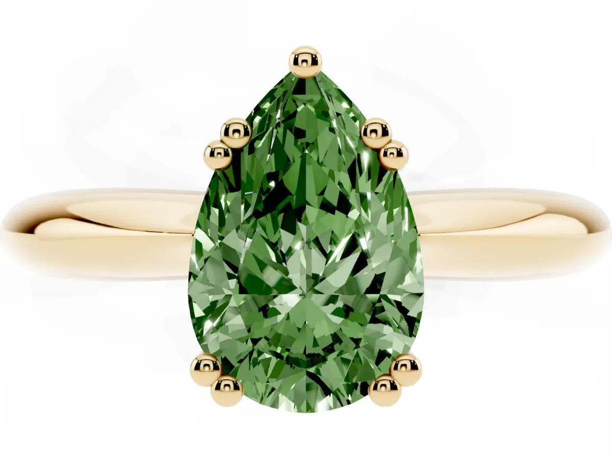 Fancy Green Pear Cut Cut Solitaire Engagement Ring with Tapered Band and Four-Prong Setting Yellow gold
