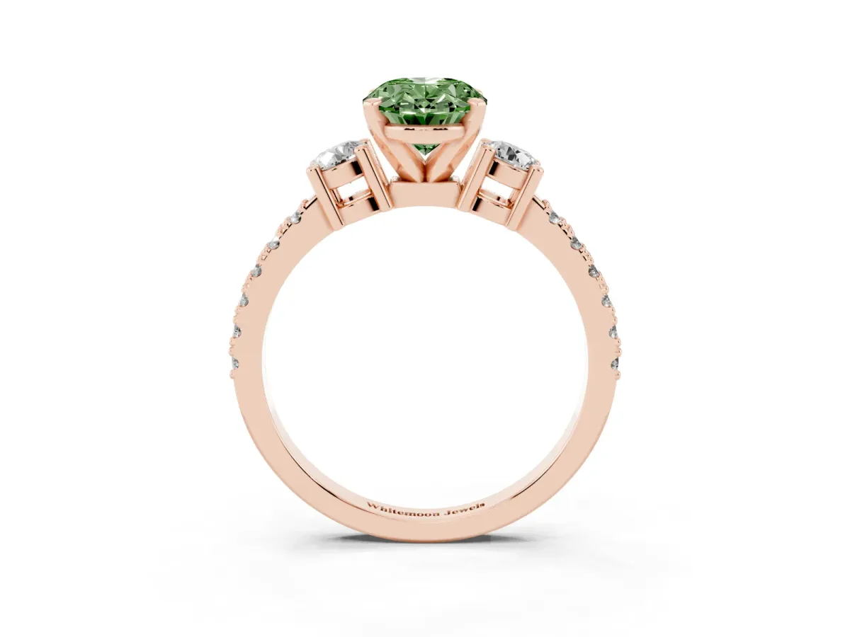 Fancy Green Oval Cut Three-Stone Diamond Pavé Band with Prong Setting Rose gold