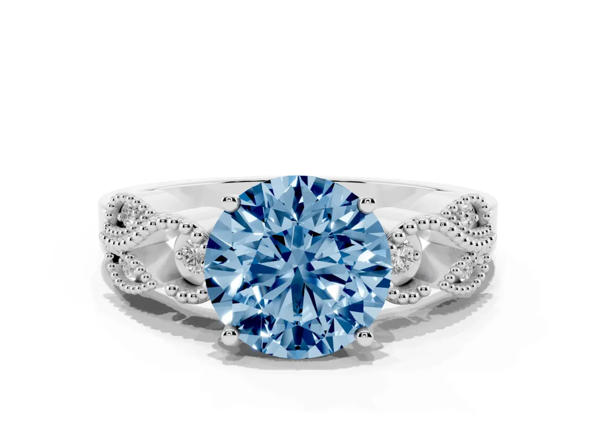 Fancy Blue Round Cut Solitaire Milgrain Leaf Band with Prong Setting Silver