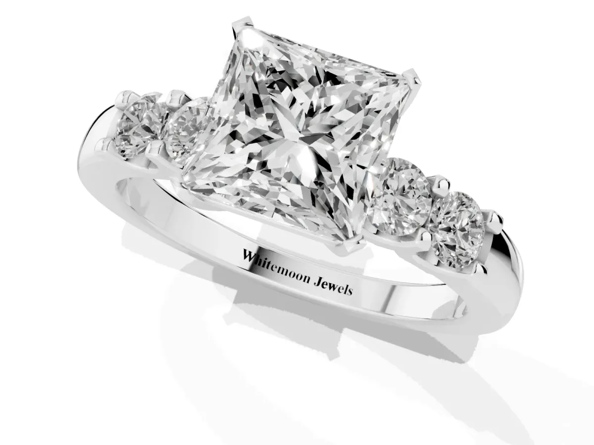 Princess Cut Brilliant Cut Diamond Five-Stone Prong Set Engagement Ring with Channel Band Silver