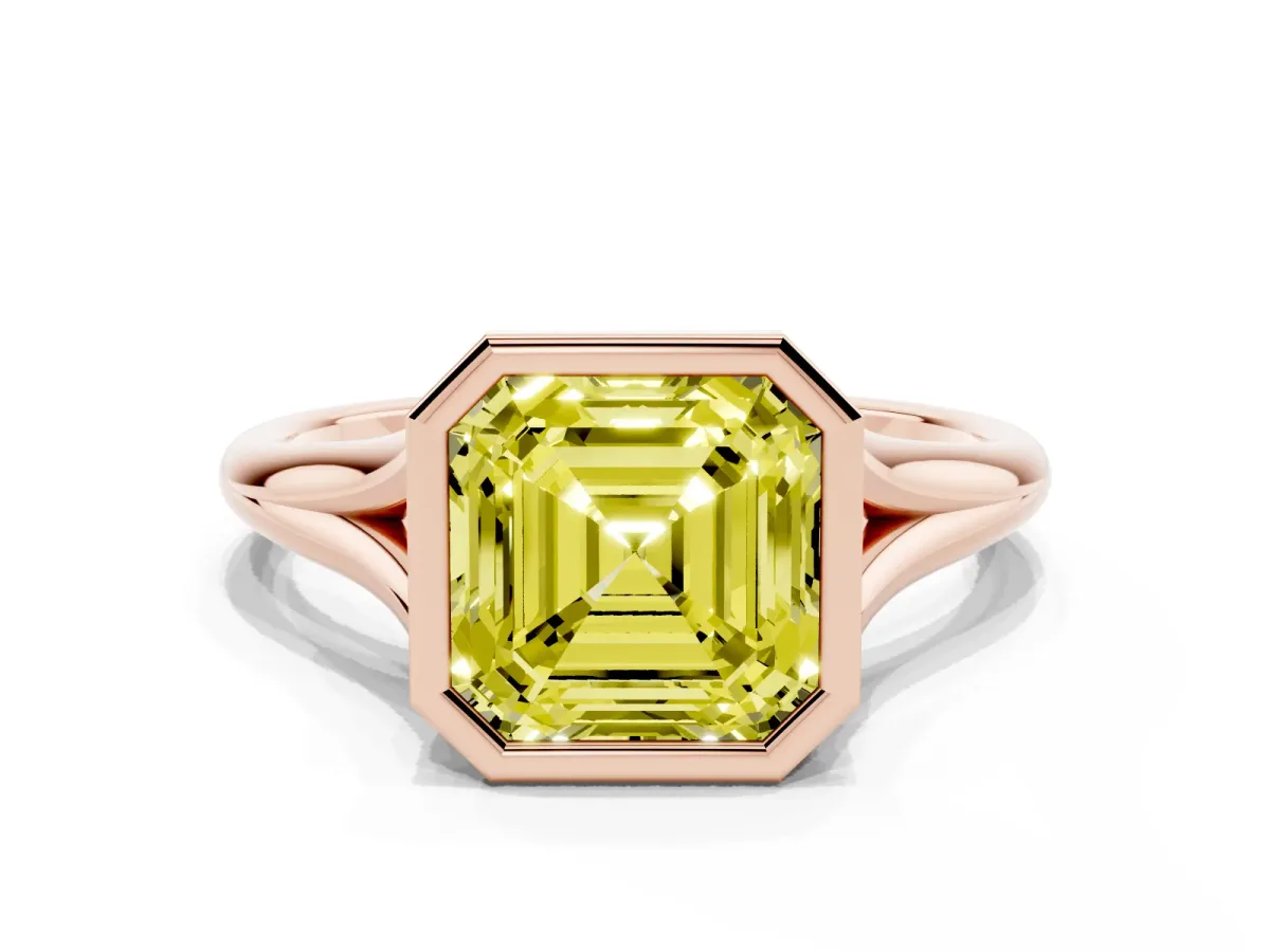 Fancy Yellow Bezel Set Asscher Cut Cut Solitaire Ring with Tapered Band Rose gold