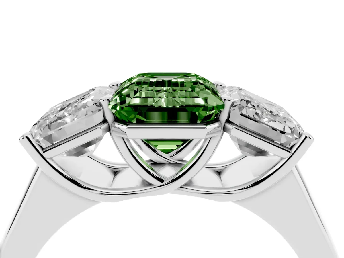 Fancy Green Emerald Cut Three-Stone Diamond Ring with Prong Setting on a Classic Band Silver