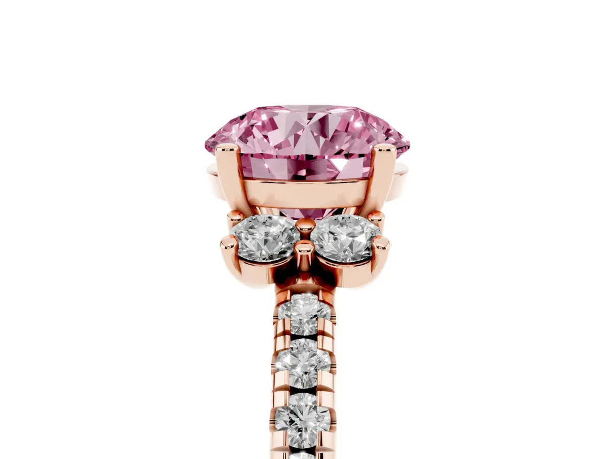 Fancy Pink Round Cut Diamond Three-Stone Pave Band with Four-Prong Setting Rose gold