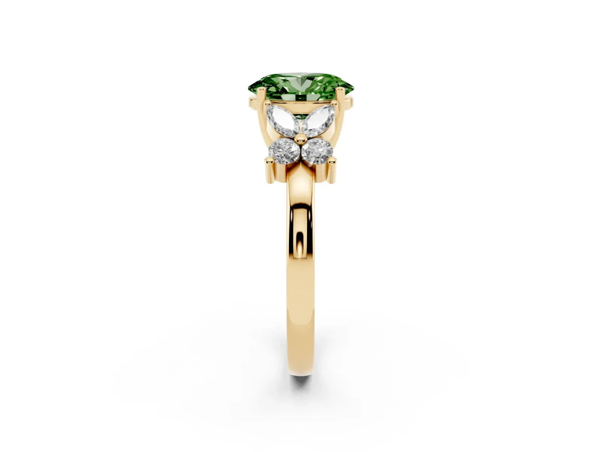 Fancy Green Oval Cut Diamond Floral Cluster Ring with Solitaire Band and Prong Setting Yellow gold
