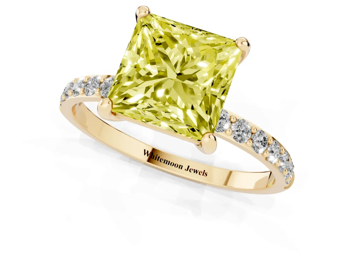 Fancy Yellow Princess Cut Diamond Solitaire Ring with Round Pavé Band and Prong Setting Yellow gold