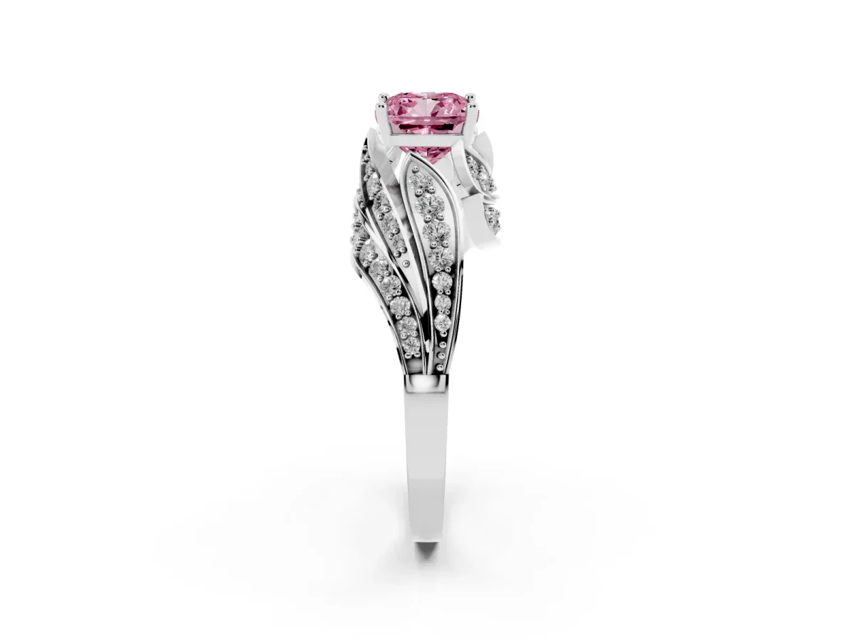 Fancy Pink Cushion Cut Diamond Solitaire Ring with Prong Setting and Twisted Pavé Band Silver