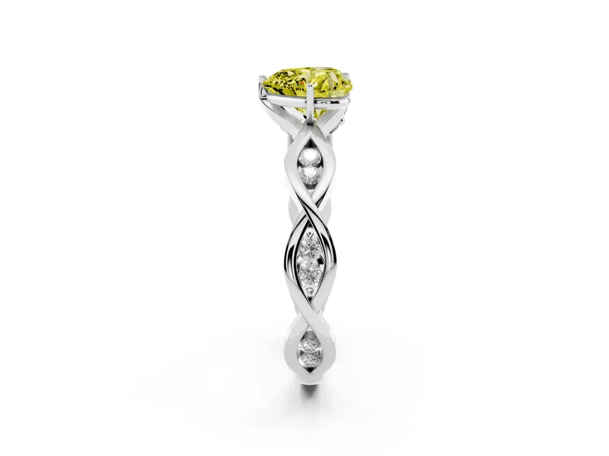Fancy Yellow Heart Cut Solitaire Twist Band with Leaf Prong Setting White gold