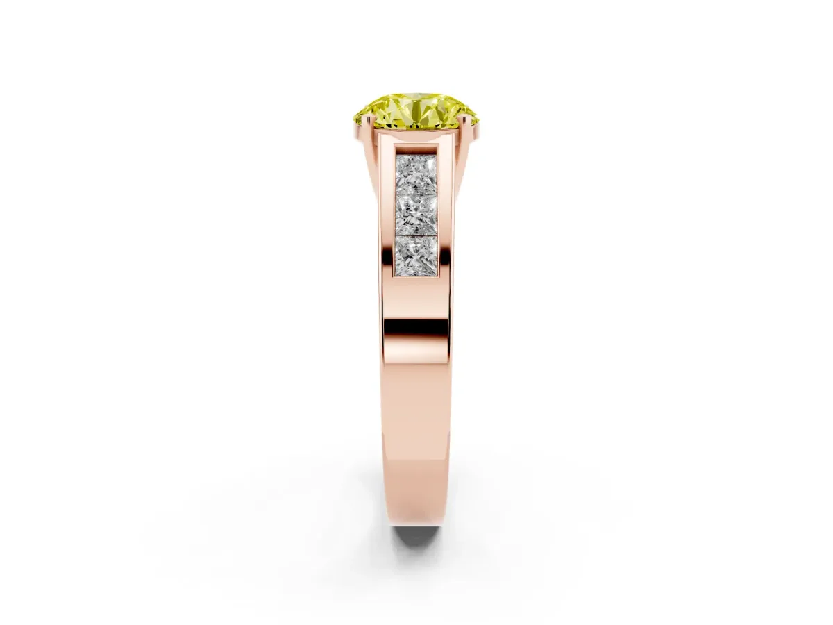 Fancy Yellow Round Cut Cut Channel Set Solitaire Ring with Four-Prong Setting Rose gold