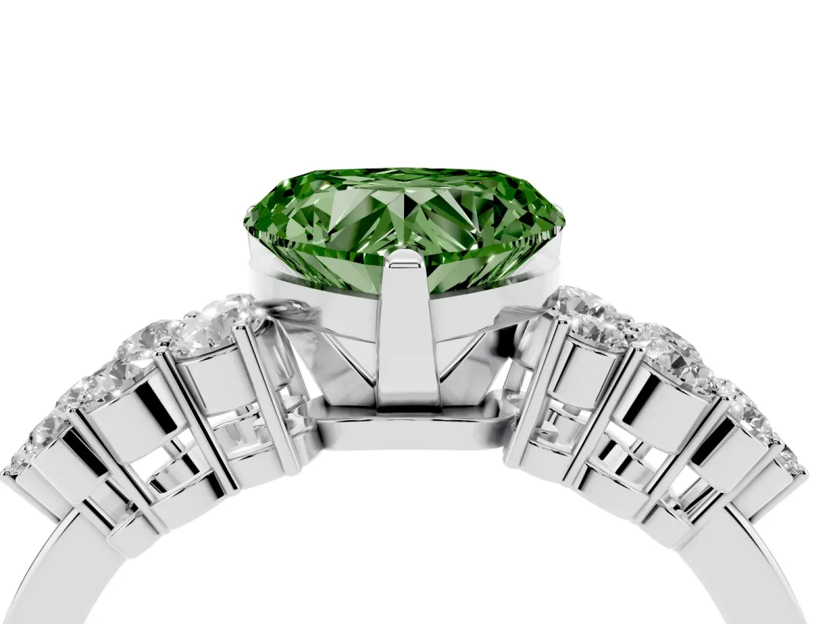 Fancy Green Heart Cut Cluster Diamond Engagement Ring with Pavé Band and Four-Prong Setting Silver