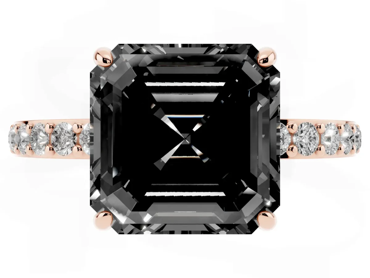 Fancy Black Asscher Cut Diamond Pavé Engagement Ring with Round Accents and Prong Setting Rose gold