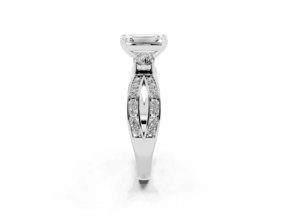 Three-Stone Emerald Cut Cut Diamond Twist Band with Prong Setting Silver