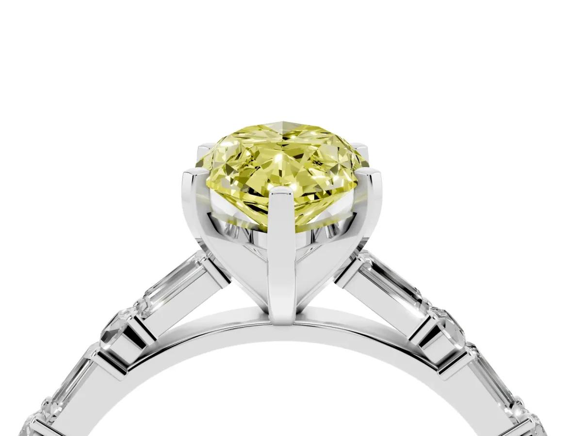 Fancy Yellow Marquise Cut Diamond Solitaire with Side Baguettes and Channel Set Band Platinum