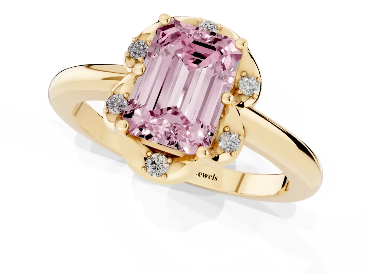 Fancy Pink Emerald Cut Halo Diamond Ring with Round Cluster Setting, Solitaire Band, and Four-Prong Setting Yellow gold