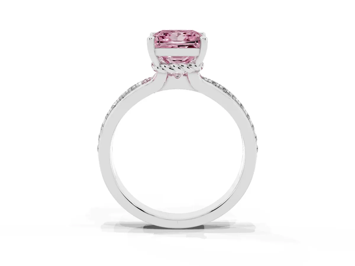 Fancy Pink Princess Cut Solitaire Diamond Ring with Channel Set Band and Six-Prong Setting Silver