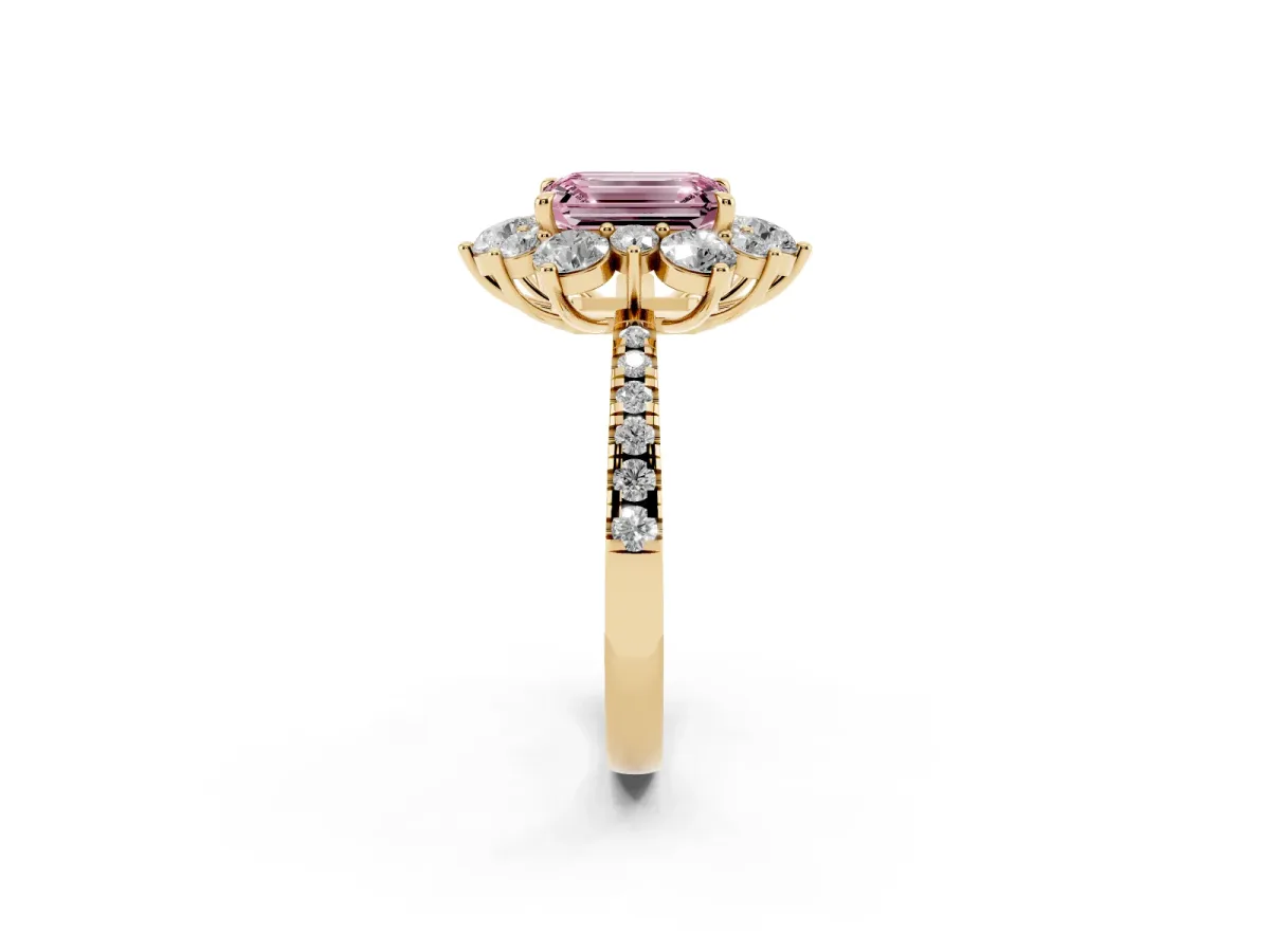 Fancy Pink Emerald Cut Diamond Floral Halo Ring with Round Pavé Band and Prong Setting Yellow gold