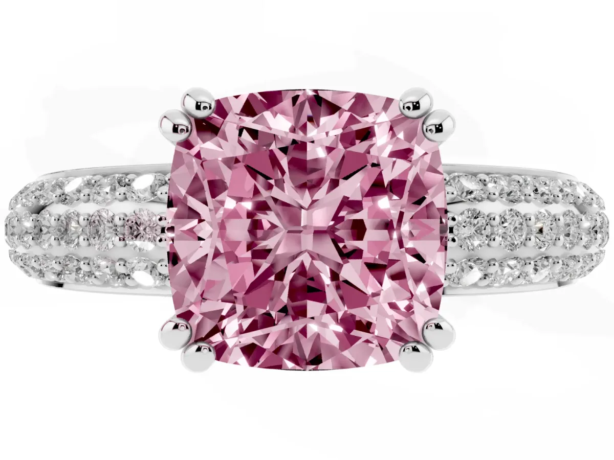 Fancy Pink Cushion Cut Diamond Solitaire Ring with Multi-Row Round Pavé Band and Prong Setting Silver