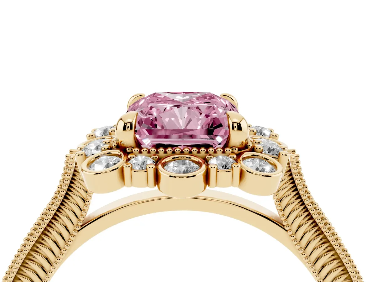 Fancy Pink Radiant Cut Halo Milgrain Pave Diamond Ring with Four-Prong Setting Yellow gold