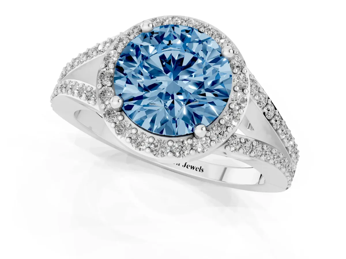 Fancy Blue Round Cut Halo Split Shank Diamond Ring with Prong Setting Platinum