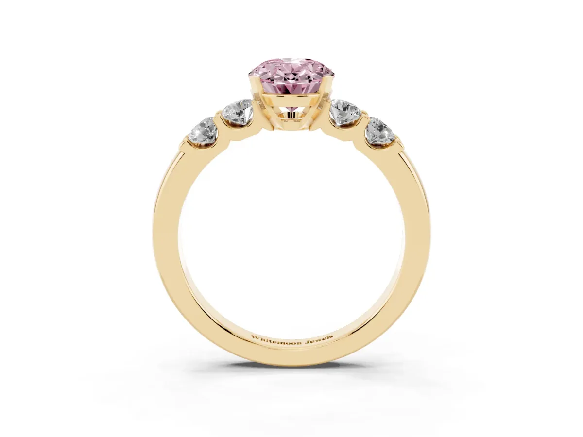 Fancy Pink Oval Cut Brilliant Cut Diamond Five-Stone Prong Set Engagement Ring with Channel Band Yellow gold