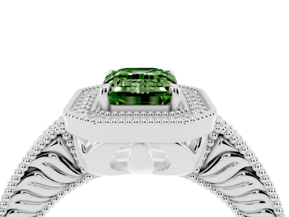 Fancy Green Emerald Cut Cut Halo Diamond Ring with Pavé Band and Four-Prong Setting White gold