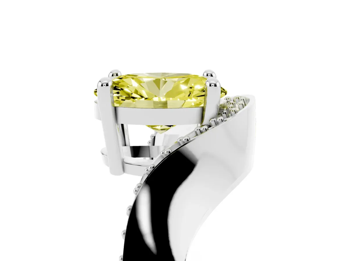 Fancy Yellow Oval Cut Solitaire Diamond Engagement Ring with Pave Band and Four-Prong Setting Platinum