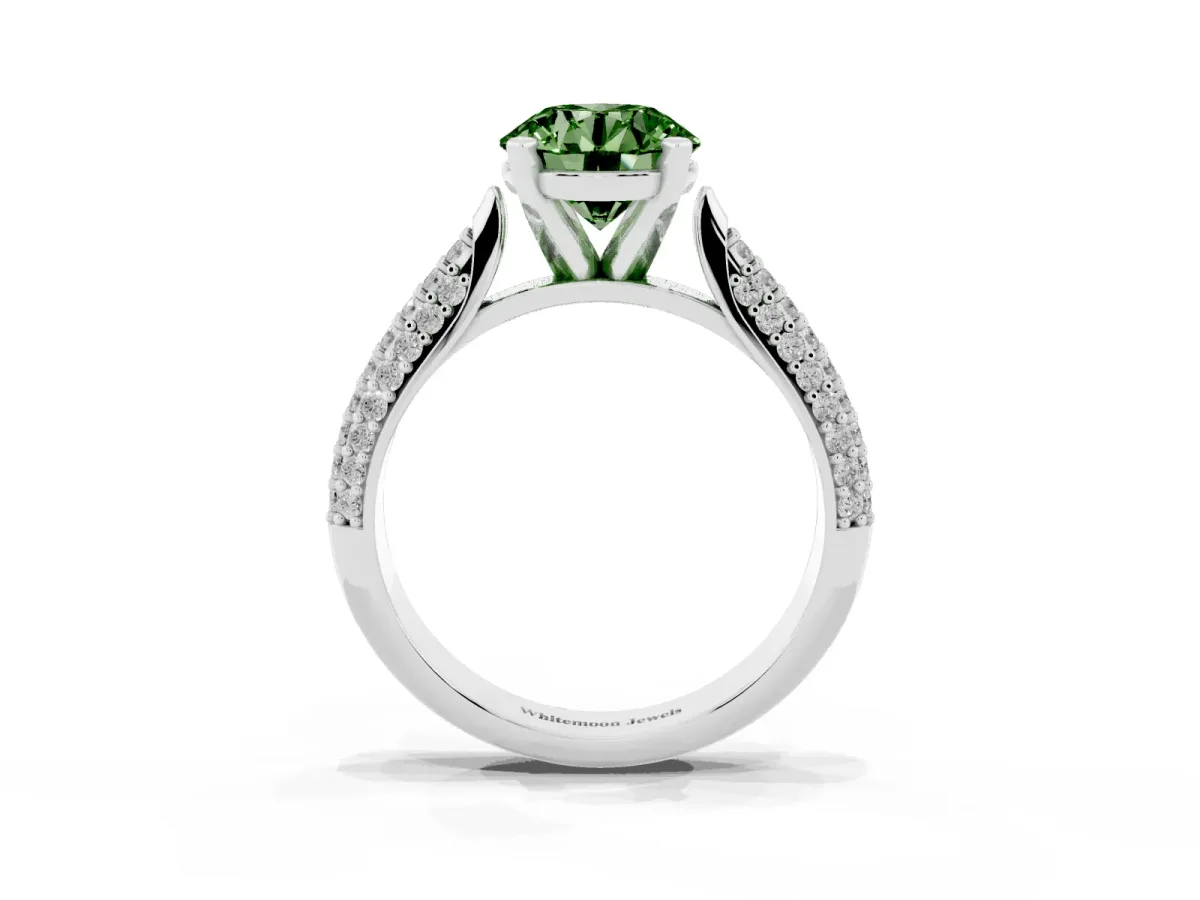 Fancy Green Round Cut Diamond Solitaire Engagement Ring with Multi-Row Round Pavé Band and Prong Setting White gold