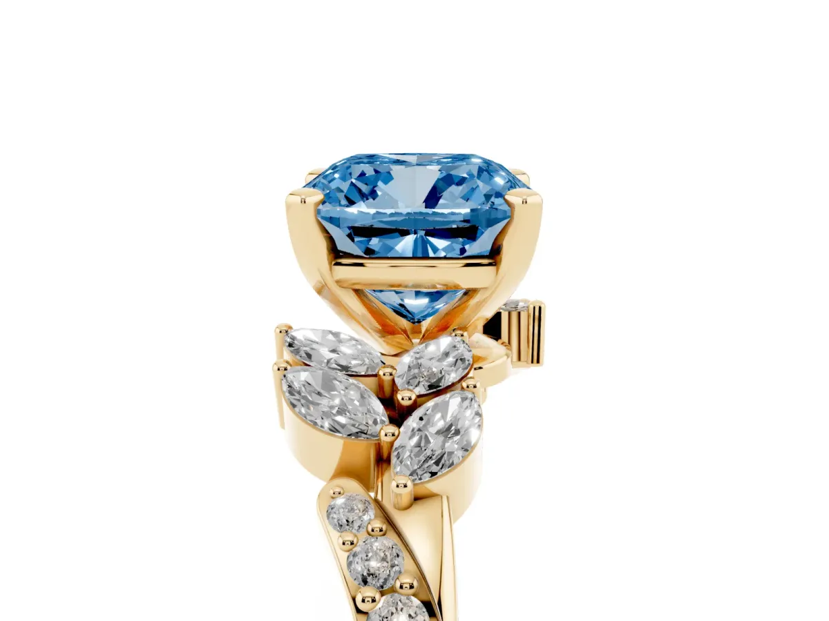 Fancy Blue Cushion Cut Solitaire Marquise Twist Band with Six-Prong Setting Yellow gold