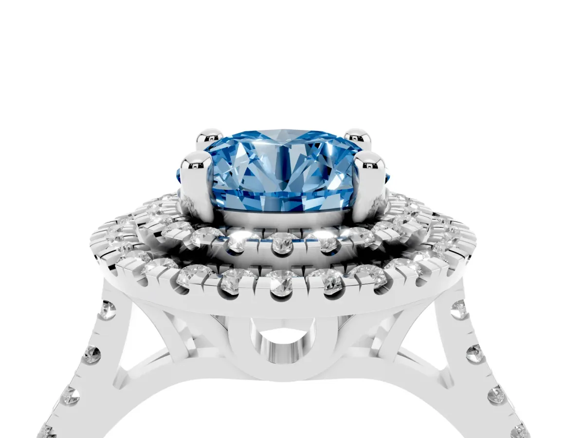 Fancy Blue Double Halo Round Cut Diamond Pavé Band with Four-Prong Setting Silver