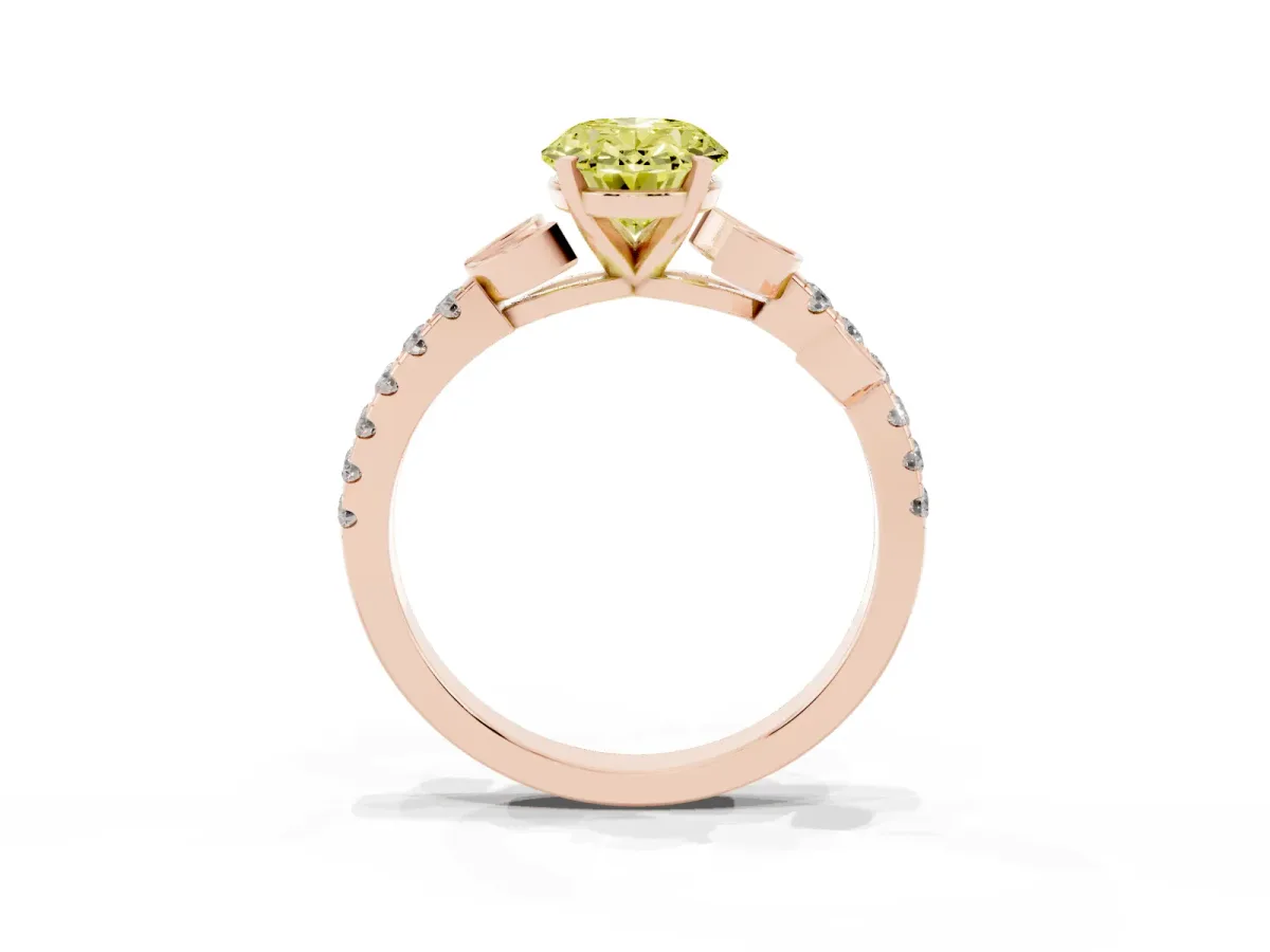 Fancy Yellow Oval Cut Solitaire Leaf-Inspired Diamond Ring with Pavé Band and Four-Prong Setting Rose gold