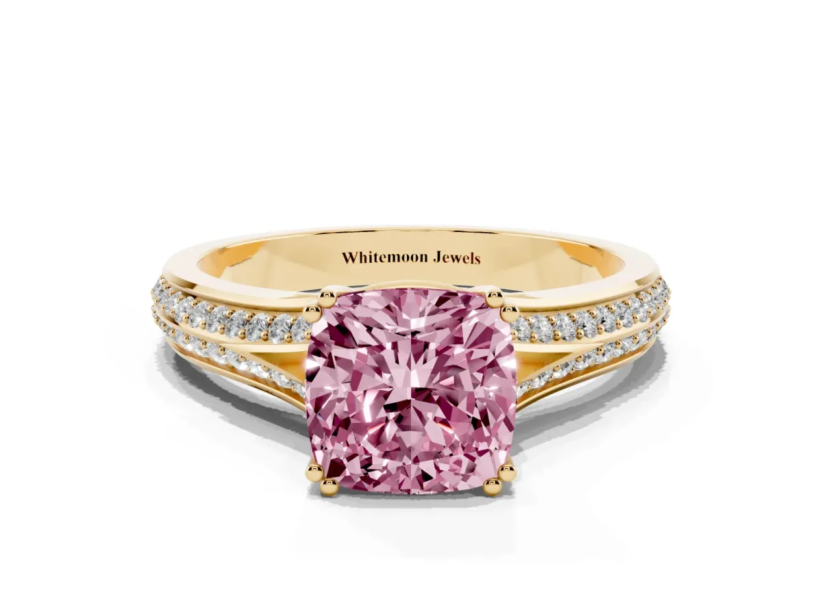 Fancy Pink Cushion Cut Diamond Split Shank Engagement Ring with Pavé Band Yellow gold