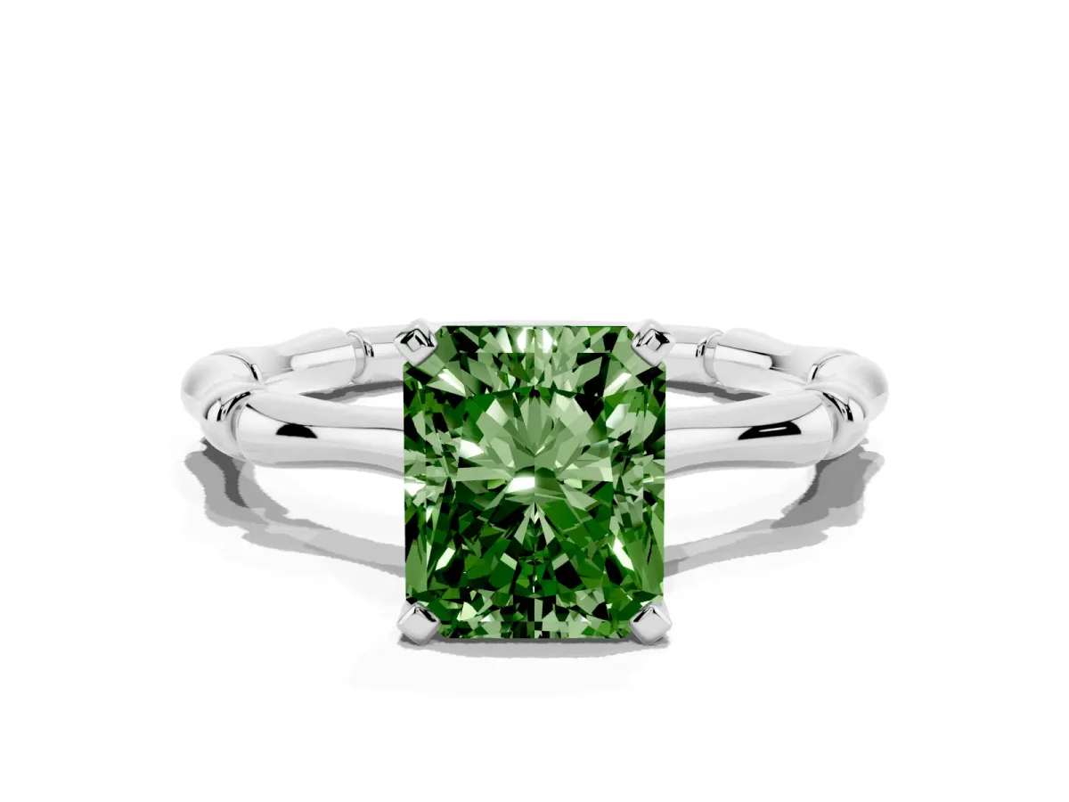 Fancy Green Radiant Cut Solitaire Diamond Ring with Bamboo Band and Four-Prong Setting Silver