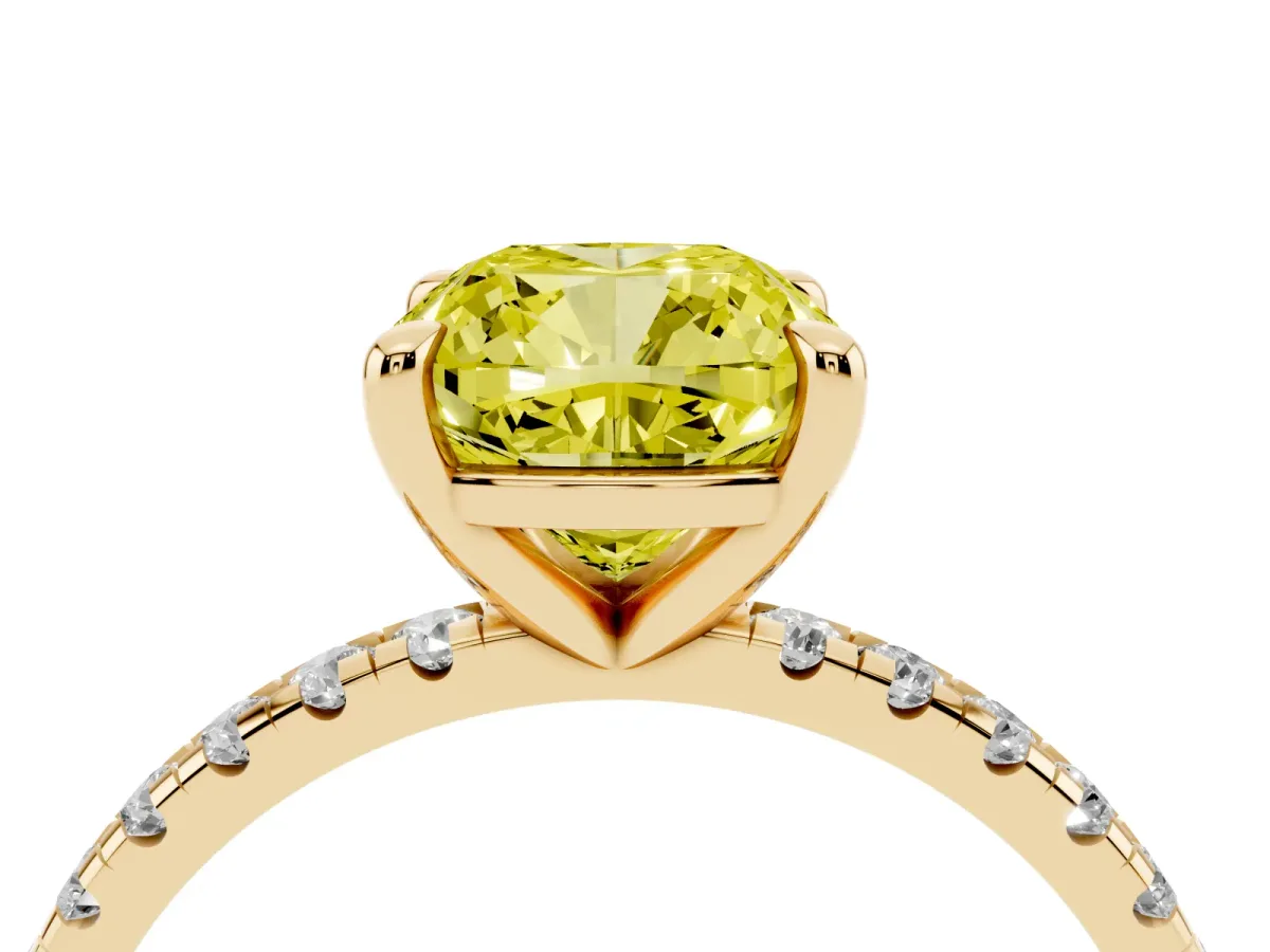Fancy Yellow Cushion Cut Diamond Brilliant Solitaire Ring with Pavé Band and Four-Prong Setting Yellow gold