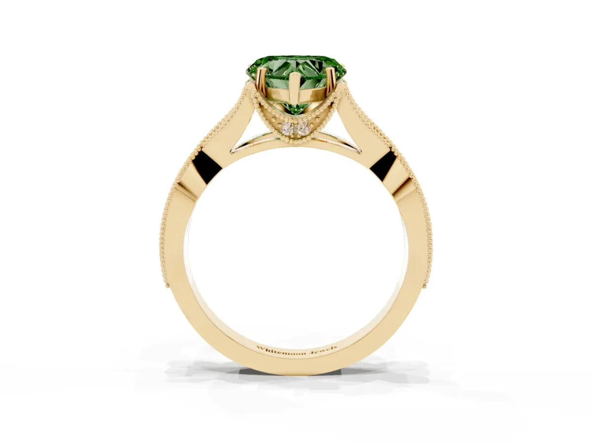 Fancy Green Heart Cut Cut Diamond Twisted Band with Milgrain Pave Setting and Four-Prong Setting Yellow gold