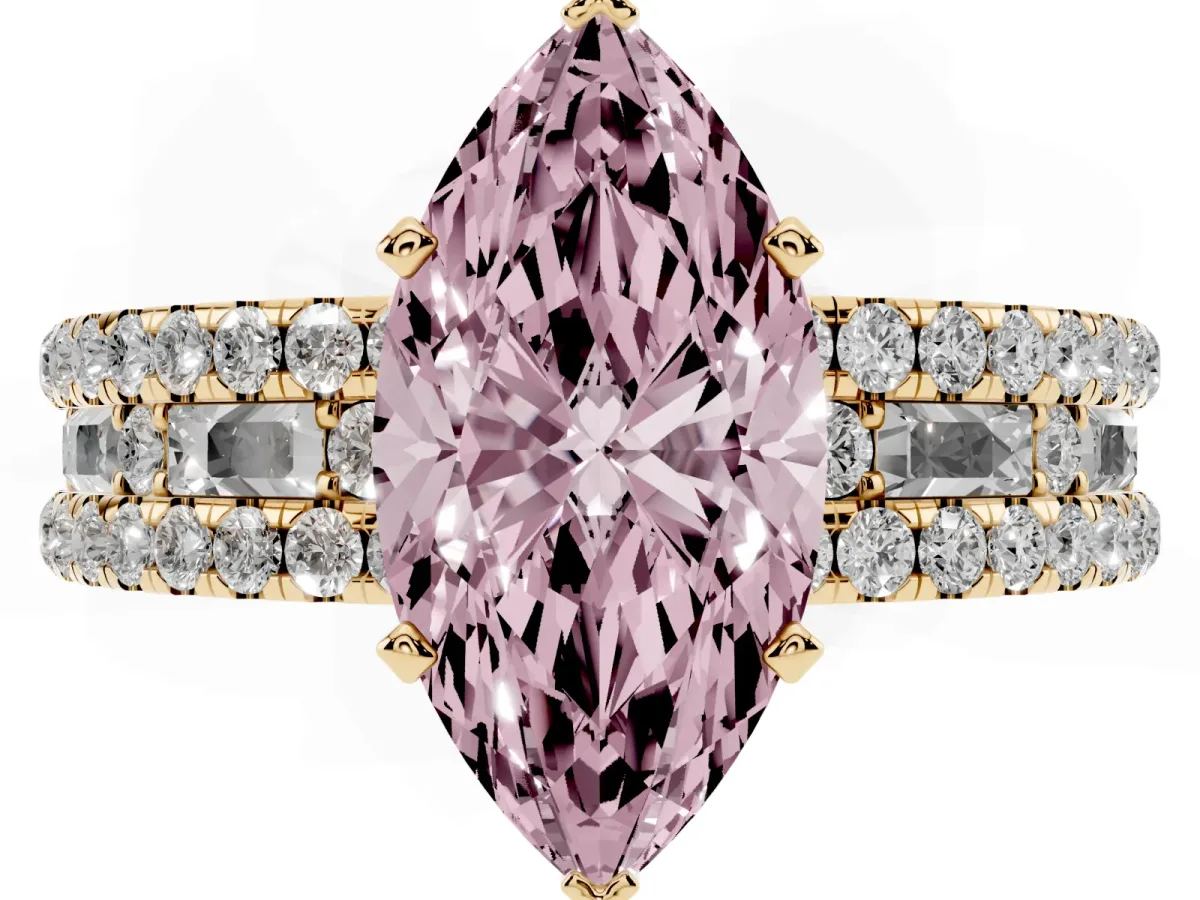 Fancy Pink Marquise Cut Diamond Solitaire Ring with Pavé and Channel Set Band Yellow gold