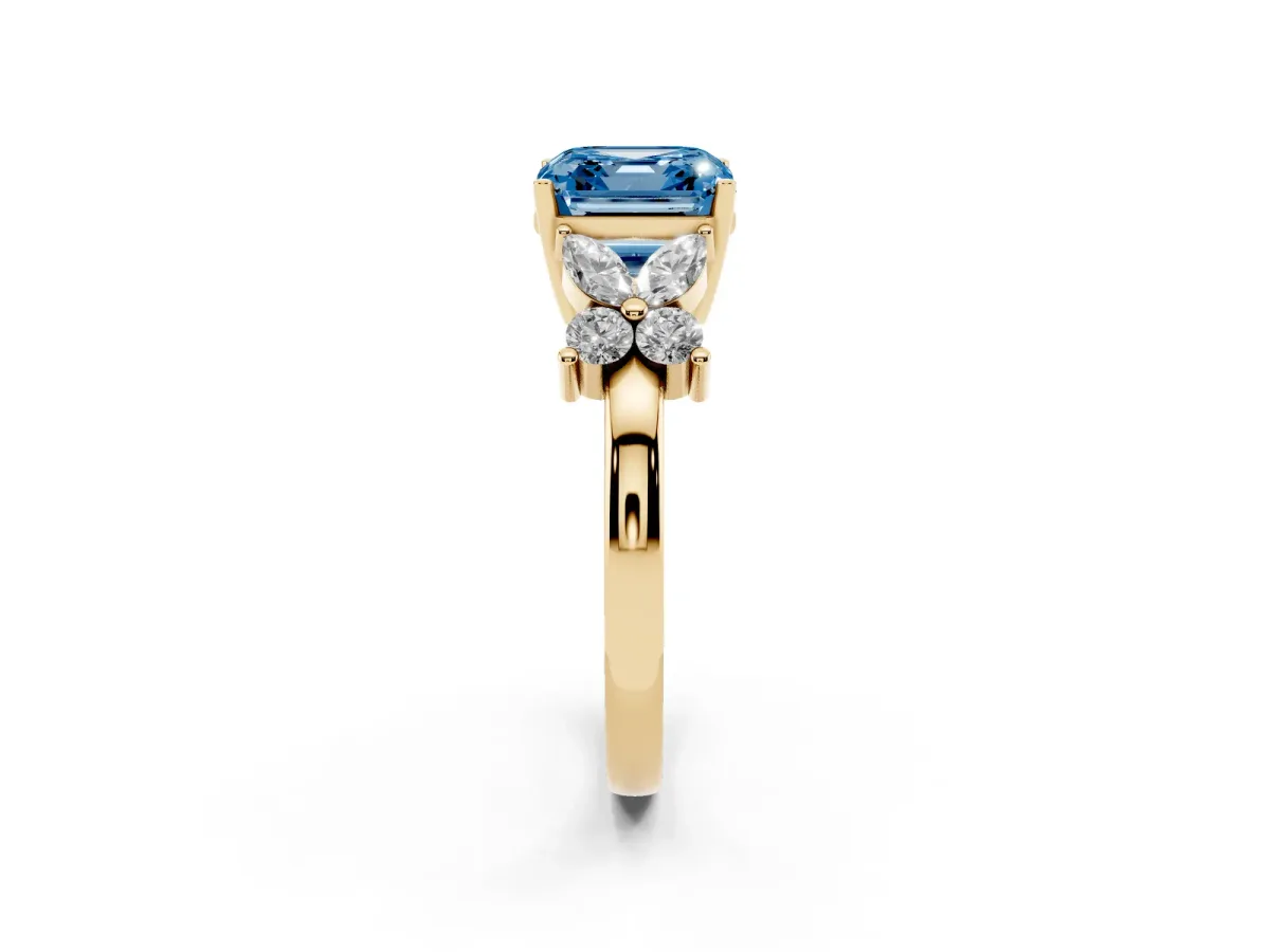 Fancy Blue Asscher Cut Diamond Floral Cluster Ring with Solitaire Band and Prong Setting Yellow gold