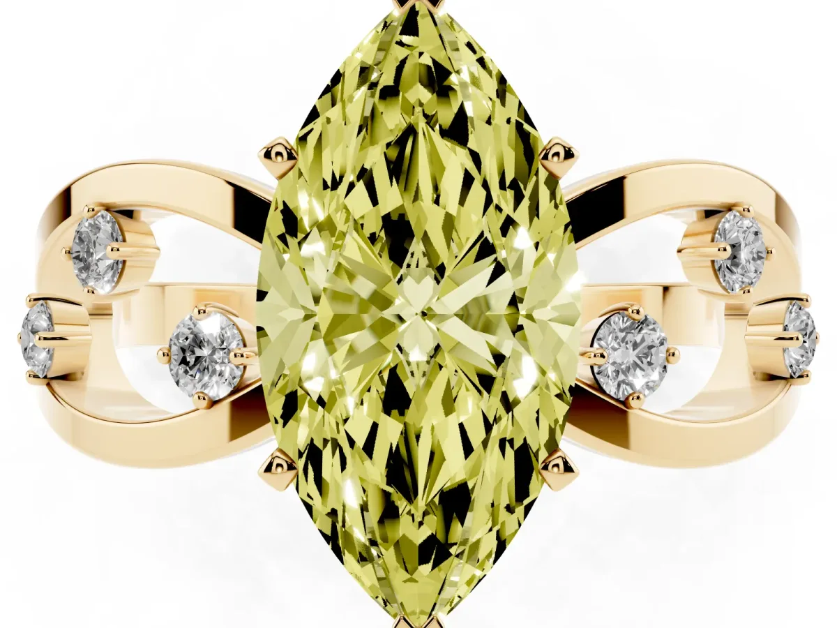 Fancy Yellow Marquise Cut Cut Solitaire Diamond with Side Stones on Criss-Cross Band and Four-Prong Setting Yellow gold