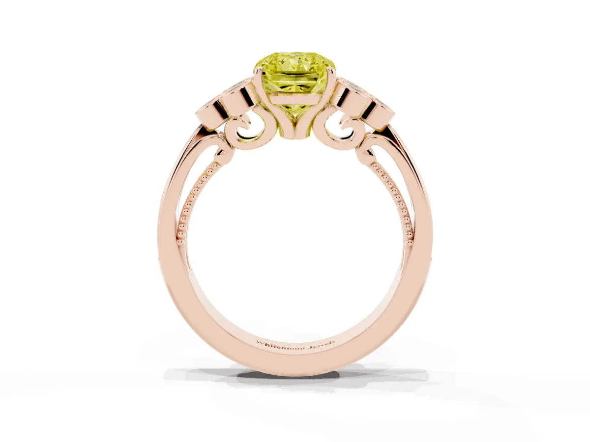 Fancy Yellow Radiant Cut Cut Diamond Engagement Ring with Bezel Set Round Side Stones and Prong Setting Rose gold