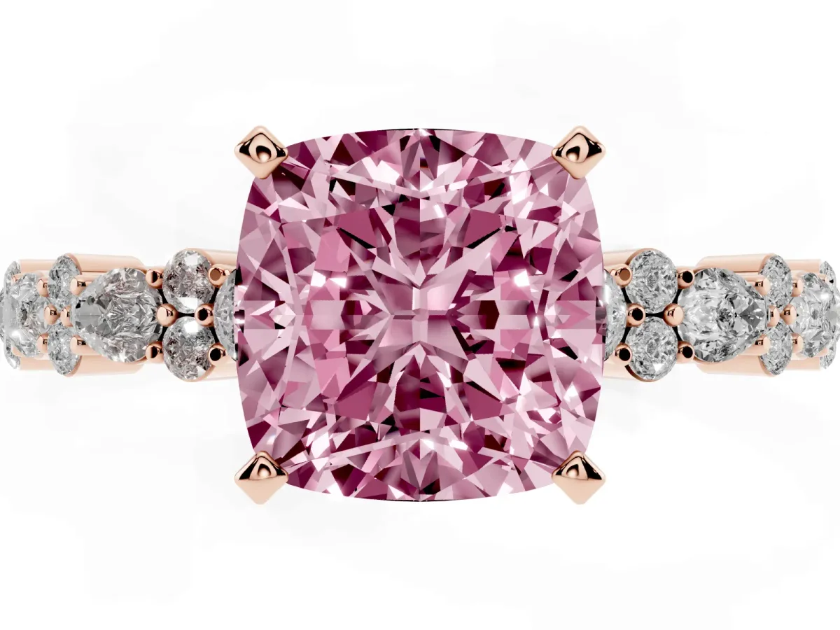 Fancy Pink Cushion Cut Diamond Side Stone Solitaire Ring with Round and Four-Prong Setting Rose gold