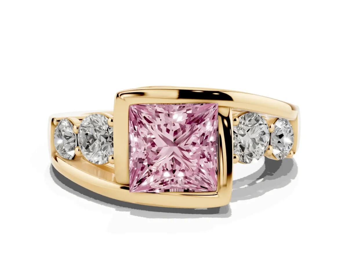 Fancy Pink Bezel Set Princess Cut Diamond Bypass Ring with Round Accents Yellow gold