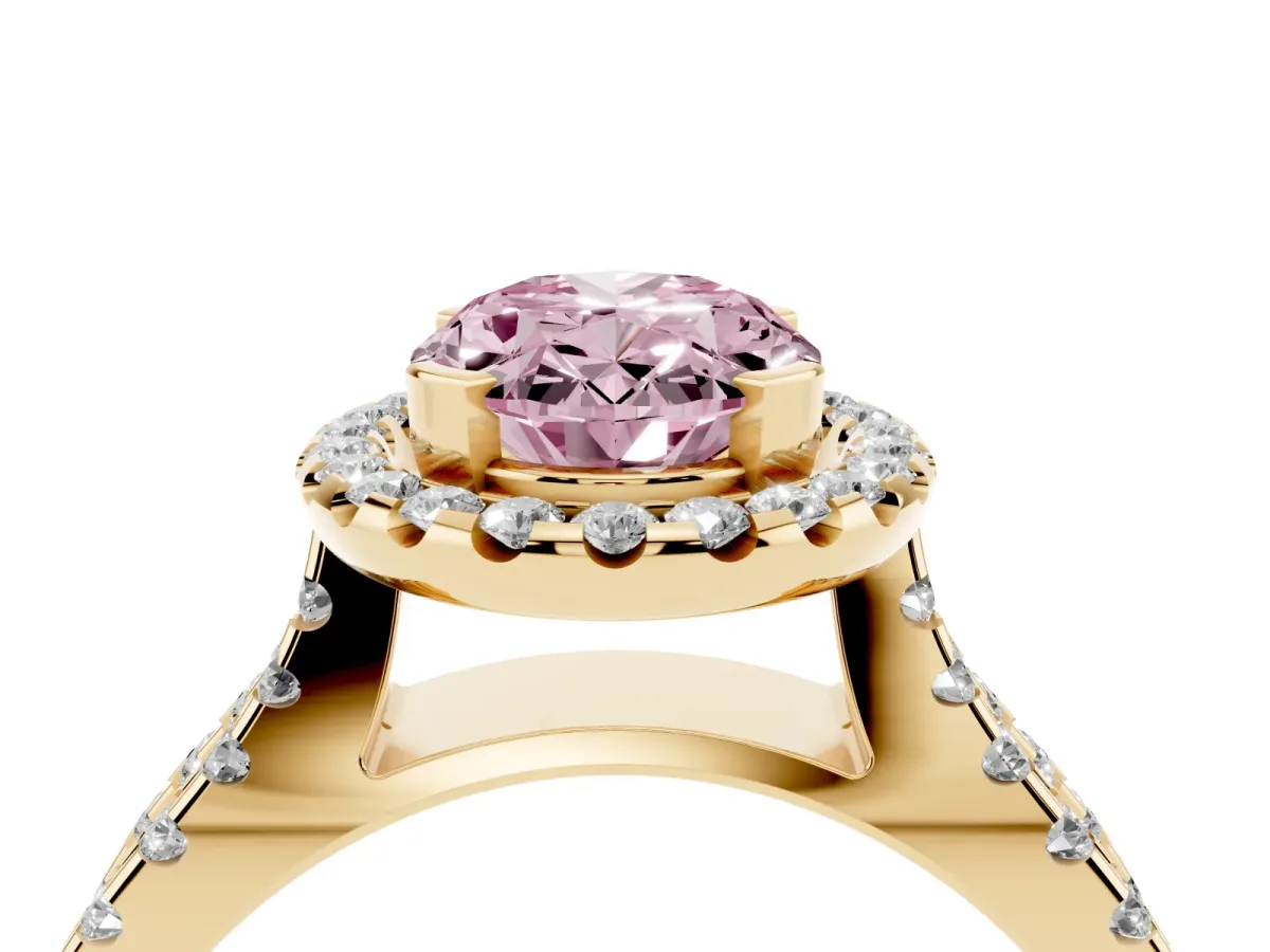 Fancy Pink Oval Cut Diamond Halo Ring with Split Shank Pavé Band and Prong Setting Yellow gold